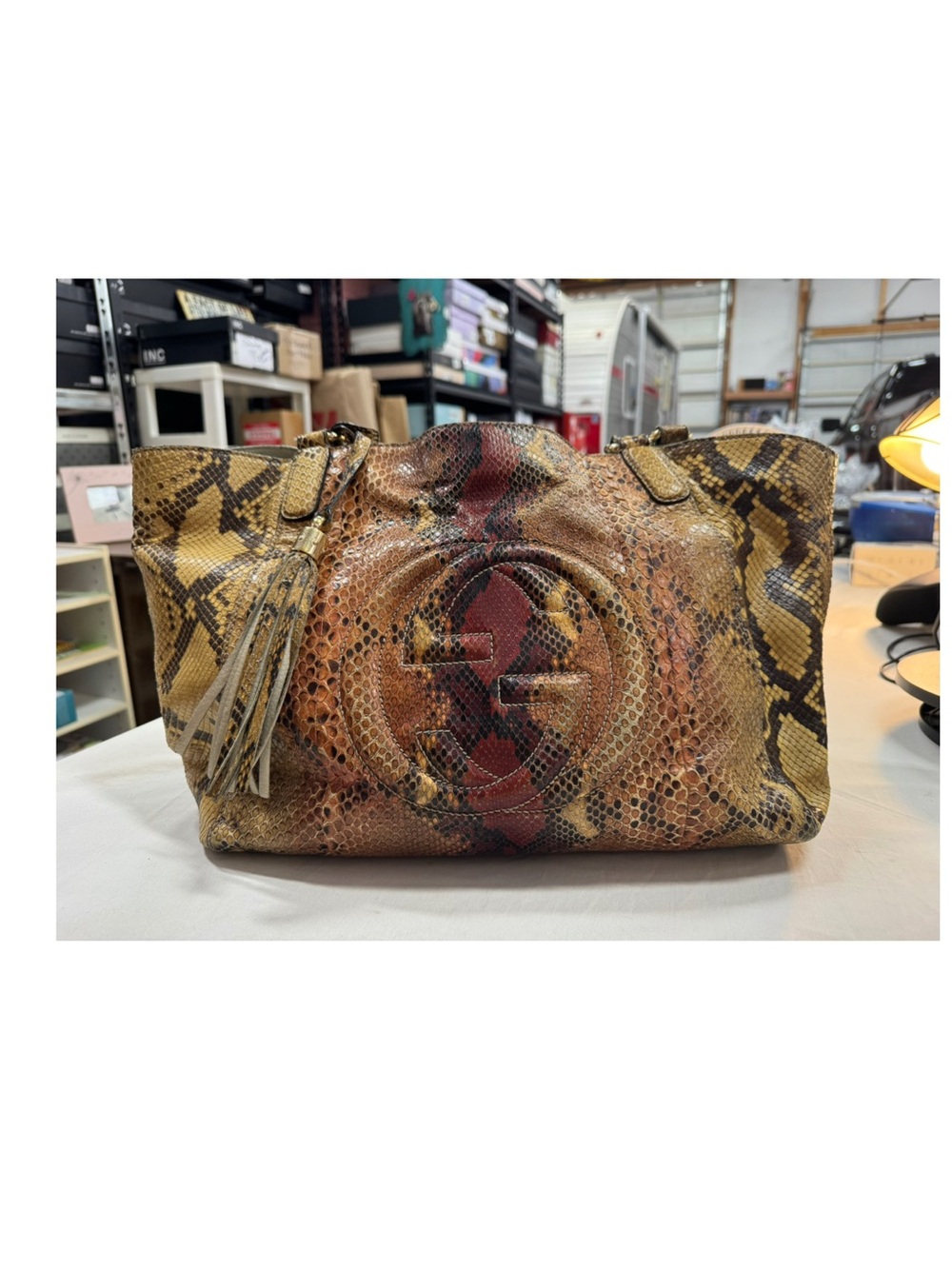 Authentic Gucci Python Leather Tote in Yellow Brown